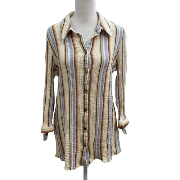 Soft Surroundings Slub Cotton Gauze Stripe Button Down Shirt Beachy size Large - Picture 1 of 9